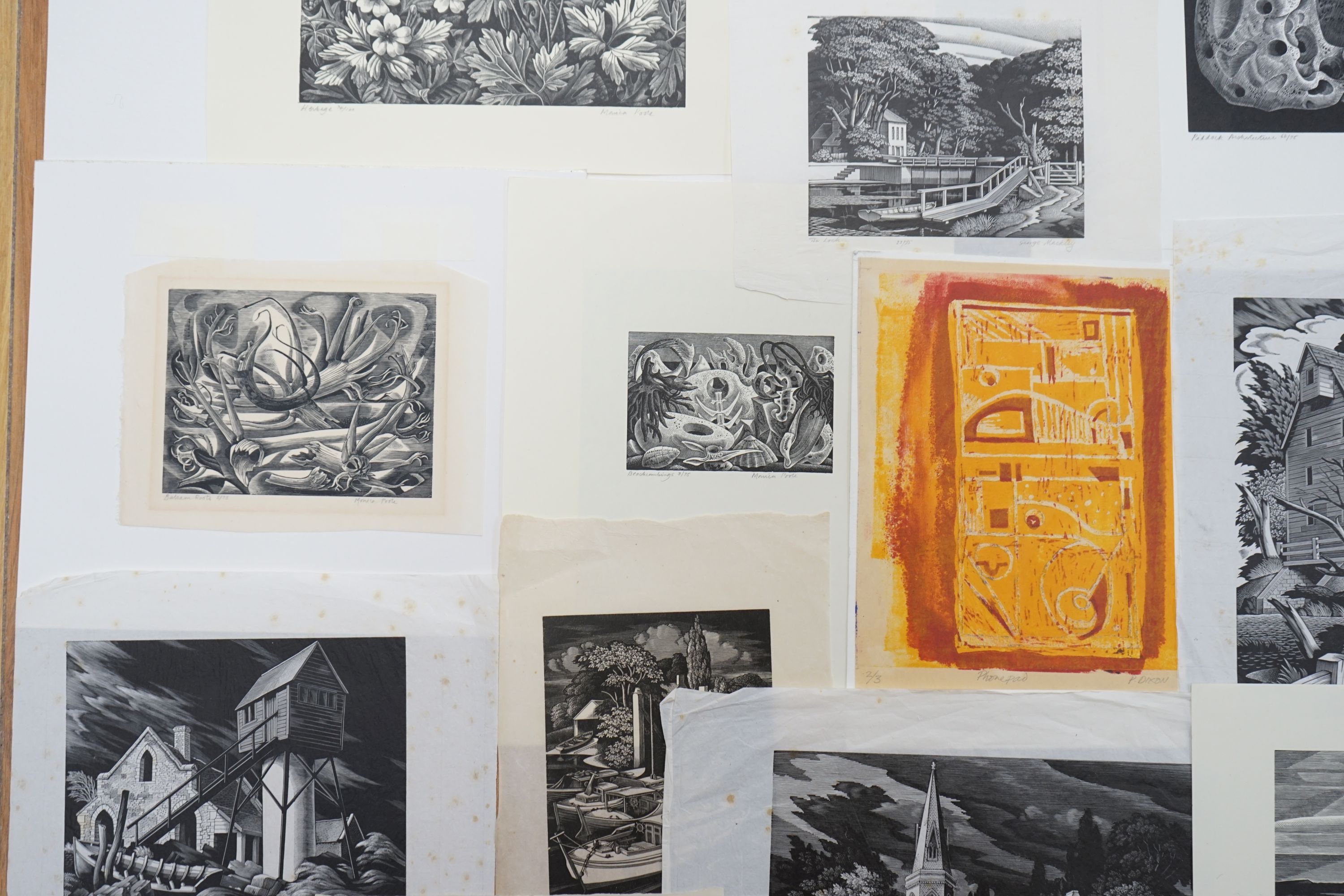 A folio of assorted woodblock prints by Monica Poole, George Mackley and P. Dixon, largest 15 x 20cm